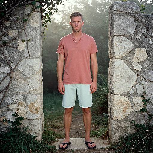 Casual Man Amid Misty Stone Ruins
