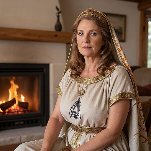 Photograph of a middle-aged Caucasian woman with wavy brown hair, wearing an ancient Roman-style cream dress with gold trim and veil, sitting by a