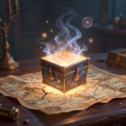 Mystical blue and gold box with glowing fire and ethereal smoke sits on a vintage map, illuminated wooden table.