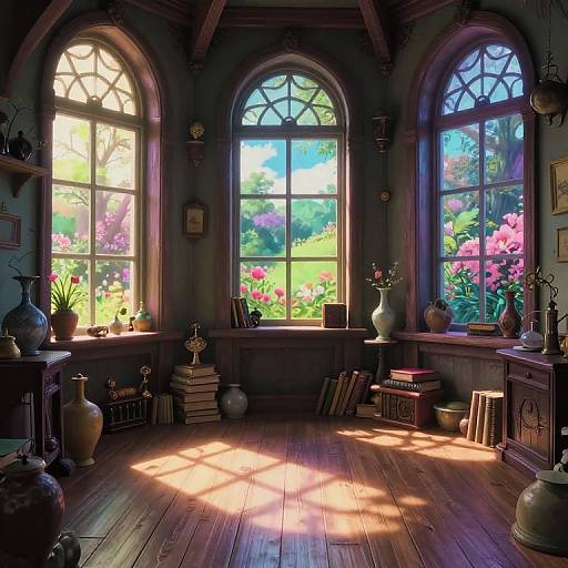 Photorealistic digital painting of a sunlit, vintage room with three arched windows, colorful flowers outside, wooden floors, and ornate vases