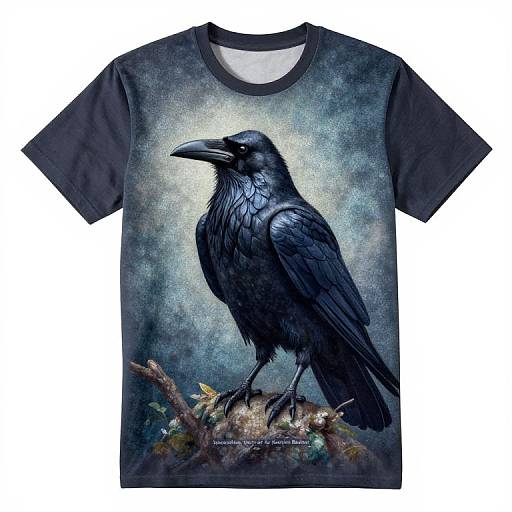 Photograph of a black T-shirt with a detailed, dark blue, realistic crow illustration standing on a branch against a textured, glowing background.