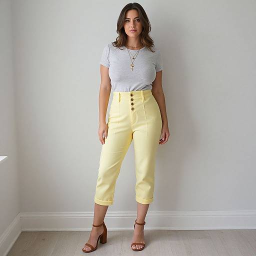 Photograph of a woman with wavy brown hair, wearing a white t-shirt, yellow high-waisted pants, brown sandals, and a necklace