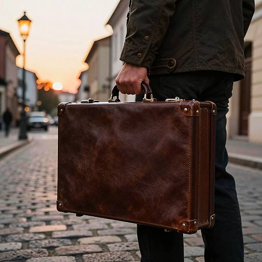Photograph of a man in dark clothing holding a brown leather briefcase on a cobblestone street at sunset.