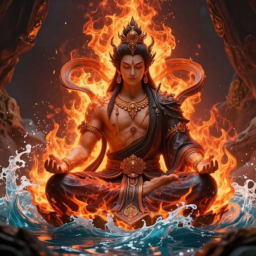 Digital artwork of a muscular, dark-haired deity with fiery aura, sitting cross-legged in water, wearing ornate black and gold attire. Flames surround him