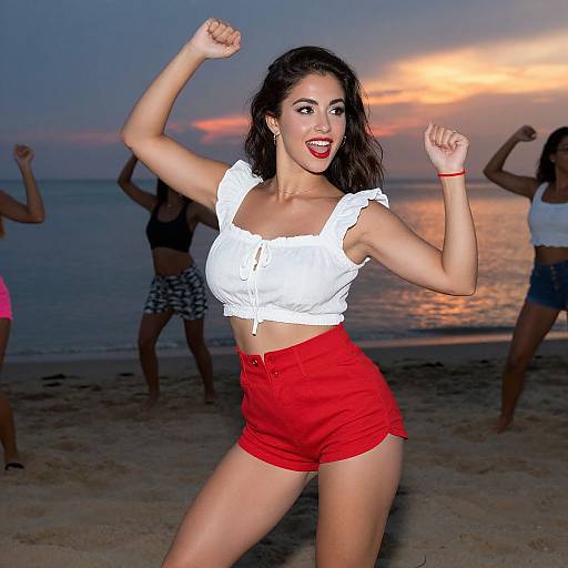 Photograph of a smiling woman with dark hair, wearing a white sleeveless top and red shorts, dancing on a beach at sunset, surrounded by other