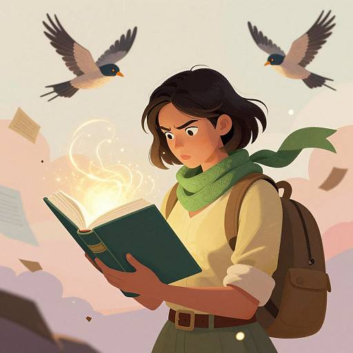 Digital illustration of a brown-haired girl with green scarf, white shirt, and brown backpack, reading a glowing book as two birds fly above her. Papers