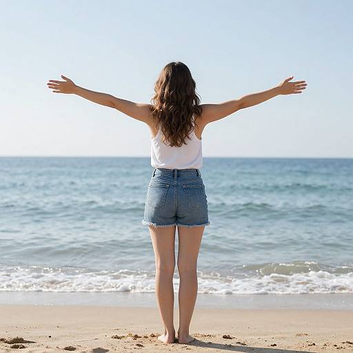 Woman Standing with Arms Outstretched by Beach