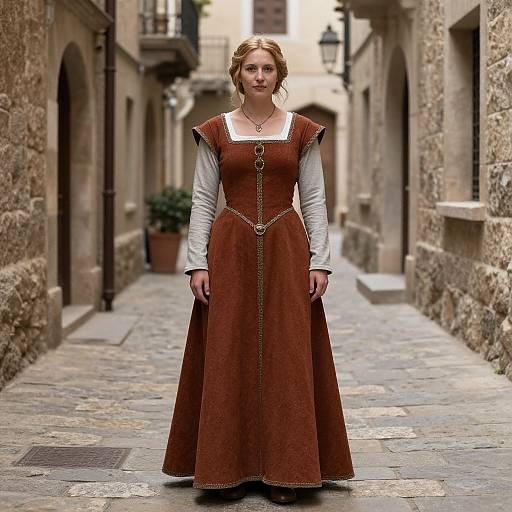 Photograph of a blonde woman in a medieval-style brown velvet dress with white sleeves, standing in a cobblestone European alleyway.