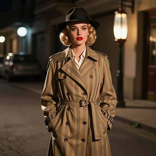 Vintage-style photograph of a blonde woman with red lipstick, wearing a black hat and tan striped trench coat, standing on a dimly lit, cobble