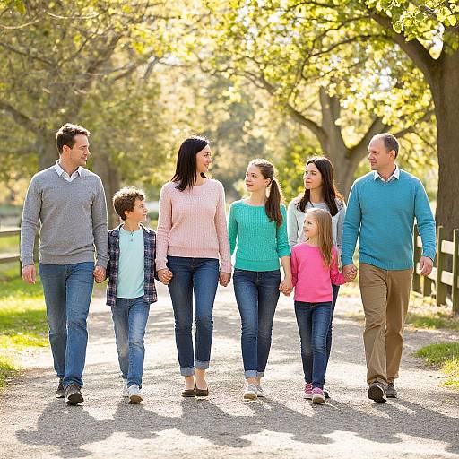Photograph of a happy, multi-generational family of six, walking hand-in-hand on a sunlit, tree-lined path in a park.