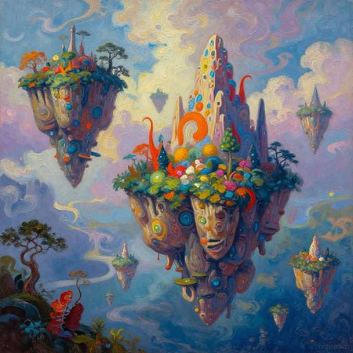 Vibrant digital painting of floating, surreal islands adorned with colorful flowers, abstract faces, and whimsical creatures in a dreamy, cloud-filled sky