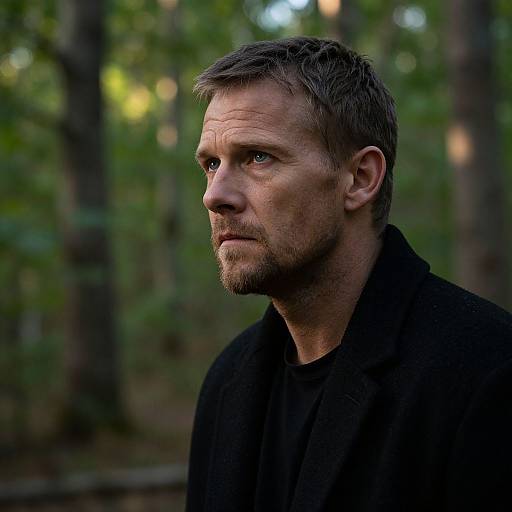 Photograph of a serious, middle-aged man with short gray hair and beard, wearing a black shirt, in a forest with blurred green foliage.