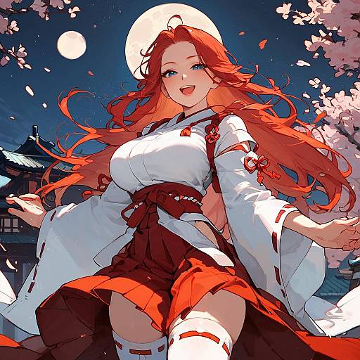 Smiling Miko Girl Outdoors at Night