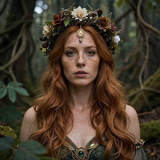 Photograph of a fair-skinned, freckled woman with long red hair, wearing a floral crown, intricate green dress, and gemstone forehead