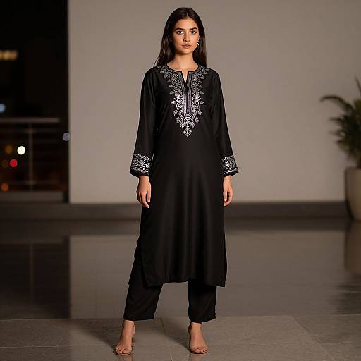 Photograph of a young woman with long dark hair, wearing a black traditional tunic with white embroidery, black pants, and beige sandals, standing in