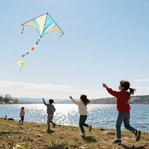 Children Flying Kites by Sparkling Lake