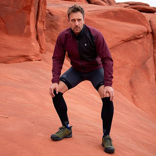 Photograph of a bearded man in a maroon jacket, black shorts, and knee-high socks, crouching in a vibrant red rocky desert