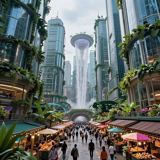 Photograph of a bustling urban market in a futuristic city, featuring a towering central waterfall between glass skyscrapers, surrounded by colorful market stalls and diverse