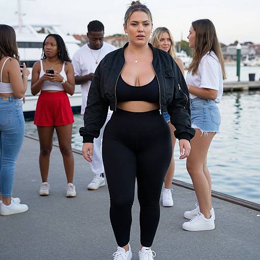 Photograph of a curvy, light-skinned woman with braided hair, wearing a black crop top and pants, black jacket, white sneakers,