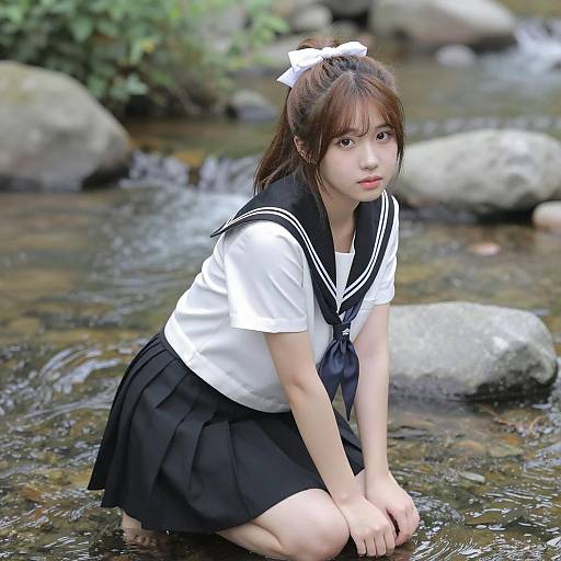 Asian Woman in Sailor Outfit Kneeling in Stream