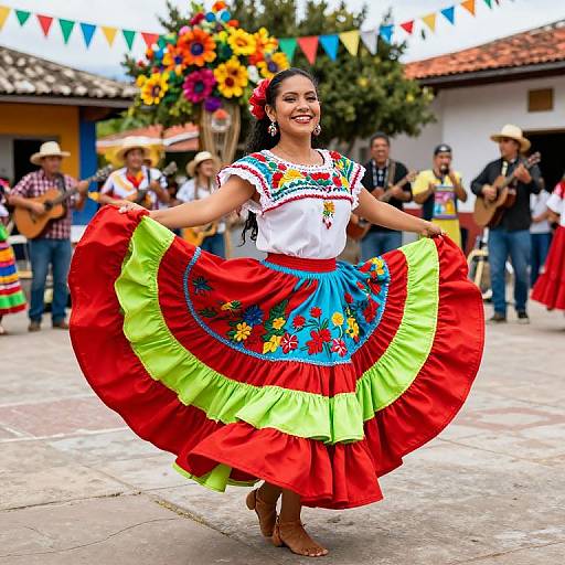 Photograph of a smiling Latina woman in vibrant Mexican dress with red, green, and blue embroidery, dancing outdoors in front of a colorful festival backdrop.