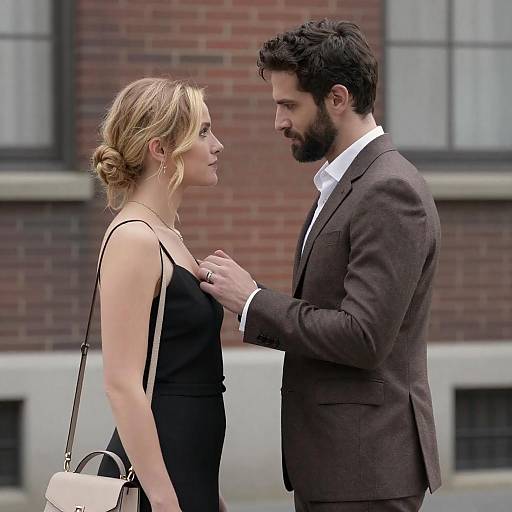 Photograph of a blonde woman in a black dress, standing close to a bearded man in a brown suit, touching her shoulder, in front of