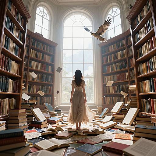 Photograph: Silhouetted woman in flowing white dress stands amidst flying books and books on the floor in sunlit library, large arched window