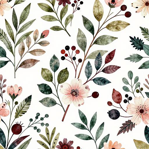 Watercolor botanical pattern: Green leaves, pink flowers, red berries, and dark green foliage on a white background, creating a vibrant, natural design.