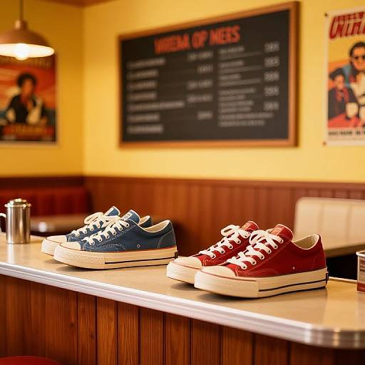 Photograph of a diner counter with blue and red high-top sneakers, menu board, vintage posters, and wooden paneling in warm lighting.