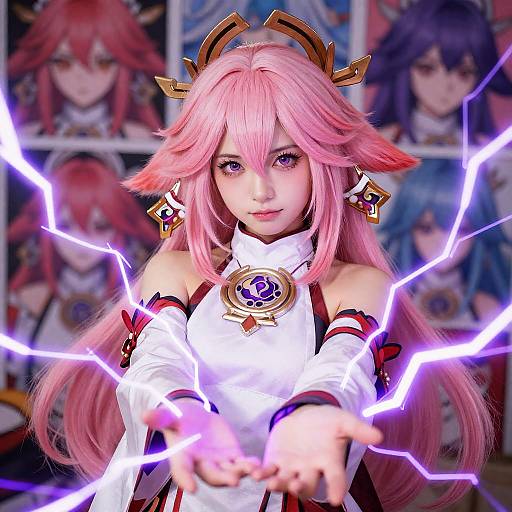 Photorealistic Yae Miko Cosplay with Purple Lightning