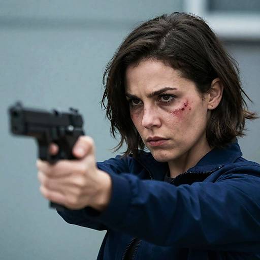 Intense Woman with Handgun and Bruise