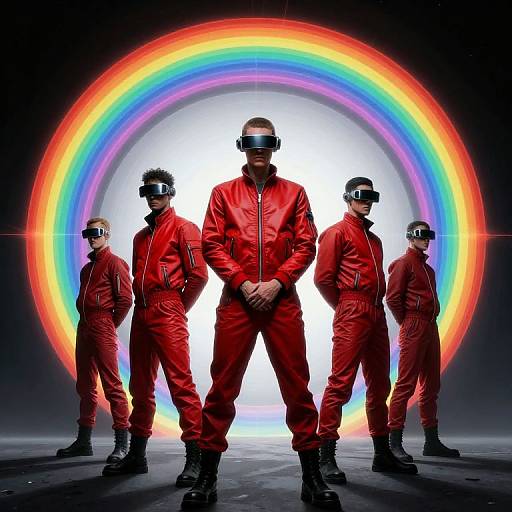 Photograph of four men in red jumpsuits and VR headsets, standing in a V formation, with a vibrant rainbow backdrop.