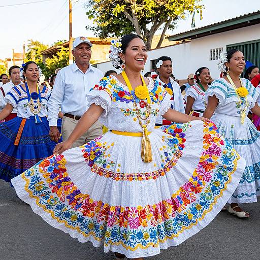 Photograph of a vibrant Mexican dance group in colorful traditional dresses and white shirts, with floral embroidery, smiling and dancing outdoors.