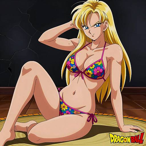 Blonde Anime Woman in Floral Bikini