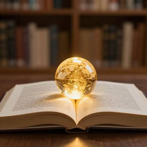 Photograph of a glowing, transparent globe resting on an open book, illuminating the pages, set against a blurred bookshelf background.