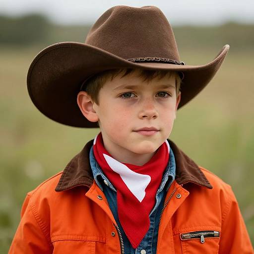 Photograph of a young boy with fair skin, brown hair, and blue eyes, wearing a brown cowboy hat, orange jacket, red bandana,
