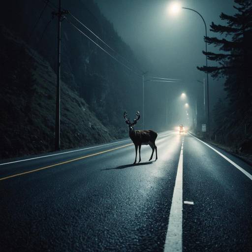 Cautious Deer Encounter on Foggy Road Cautious Deer Encounter on Foggy Road