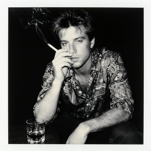 Black-and-white photograph of a pensive man with messy hair, smoking a cigarette, wearing a patterned shirt, resting arm on table, glass of