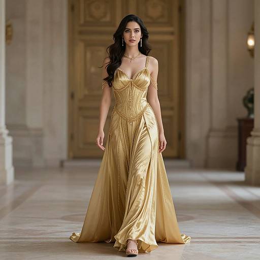Photograph of a dark-haired woman in a flowing, gold, beaded gown walking down a grand, marble-floored hallway with ornate wooden