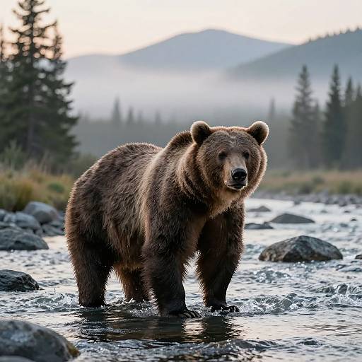 Photograph of a large, brown bear standing in a rocky stream, surrounded by misty forest and mountains at sunrise.