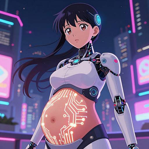 Digital anime-style drawing of a pregnant cybernetic woman with black hair, glowing circuit patterns on her belly, neon cityscape background.