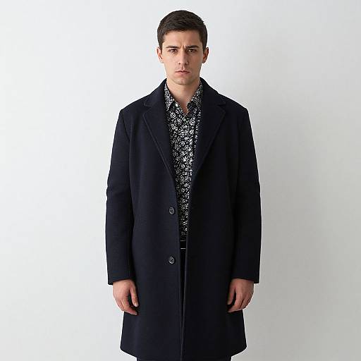 Photograph of a young man with short dark hair, wearing a black long coat over a black and white patterned shirt, standing against a plain white