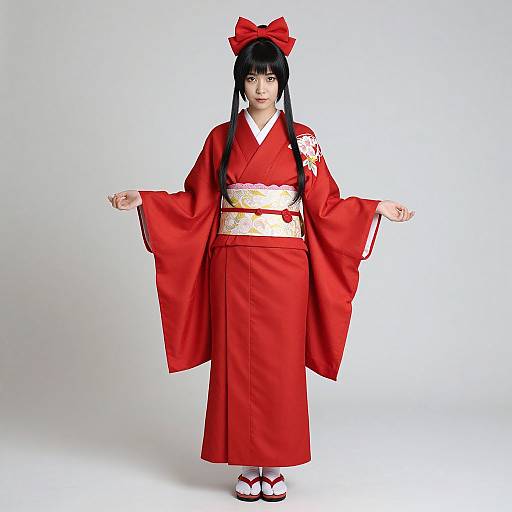 Photograph of an Asian woman in a red traditional Japanese kimono with wide sleeves, gold obi, red bow, and sandals, standing against a