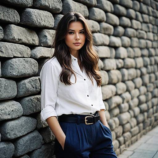 Young Woman in White Shirt Against Stone Wall