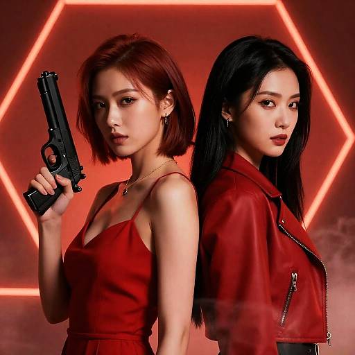 Intense Women in Geometric Smoke Backdrop