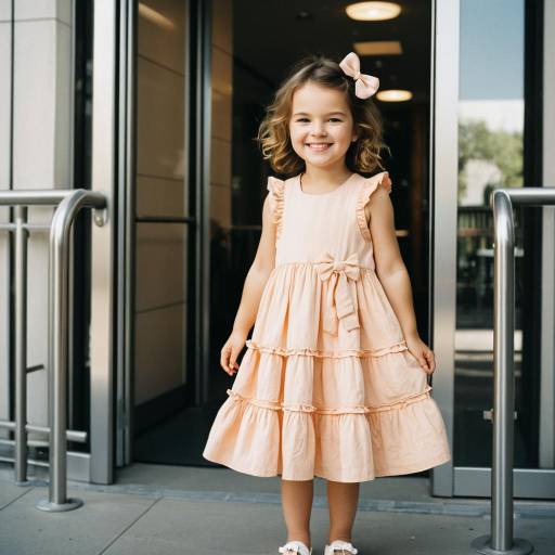 Toddler Girl in Peach Sundress Standing by Building Entrance