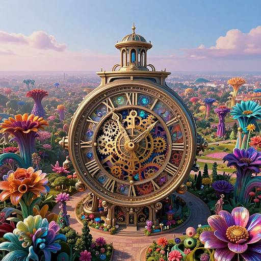 Digital artwork of a large, ornate clock tower with colorful gears, surrounded by vibrant, fantastical flowers and a cityscape in the background.