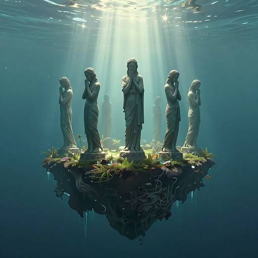 Photograph of five statues standing on a submerged, grass-covered island, bathed in sunlight rays from above, surrounded by underwater light reflections.