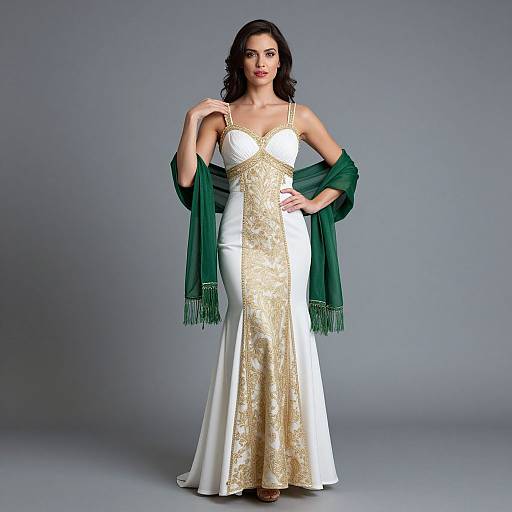 Photograph of a confident woman with dark hair, wearing a white, gold-embroidered, form-fitting gown and green shawl, standing