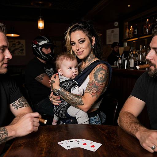 Tattooed woman with visible arm sleeves and dark hair holds baby in black vest, sitting at bar with three men, playing cards in dimly